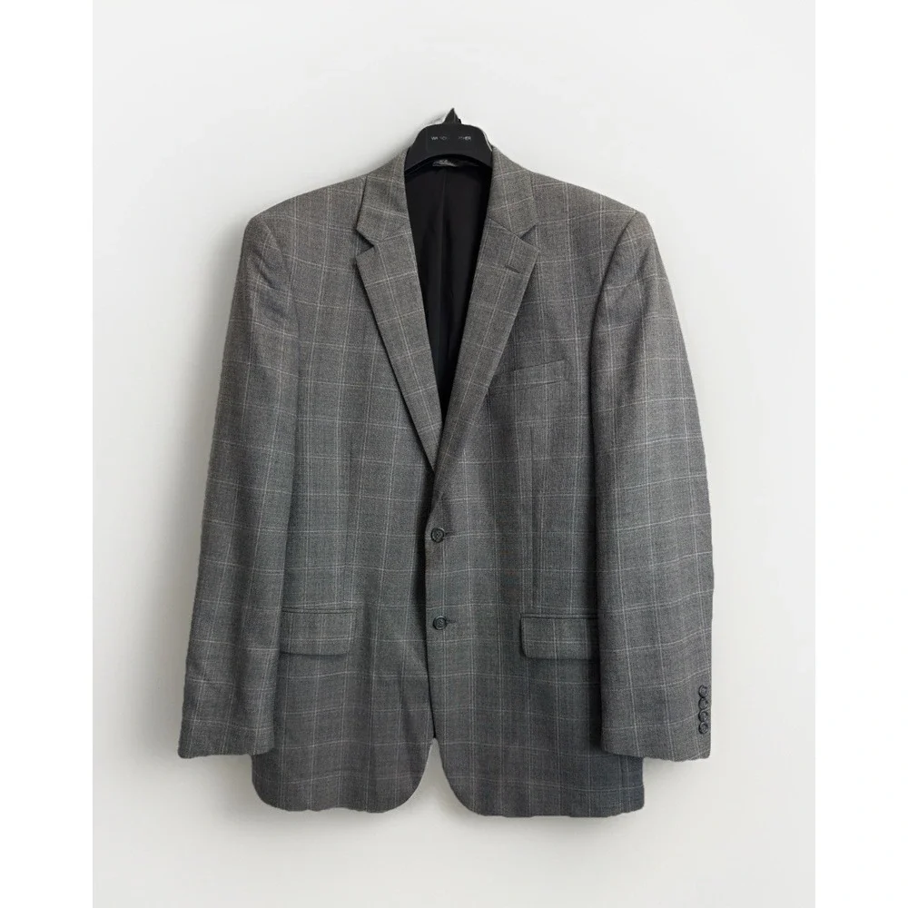 Jos A Bank Travelers Sport Coat Mens 44L Tailored Fit Grey‎ Plaid Wool Blazer
